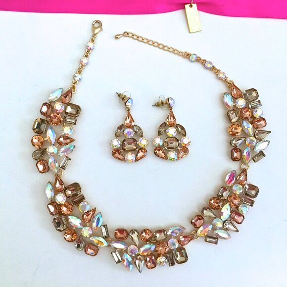 Rhinestone Necklace Pierced Dangle Earrings NEW from Greece - Picture 4 of 14